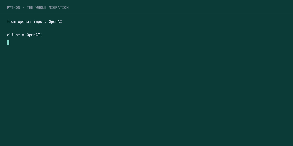 Animated terminal: the base URL and API key change to OSMEXO, the request runs, and the response reports the billed cost beside the vendor list price.